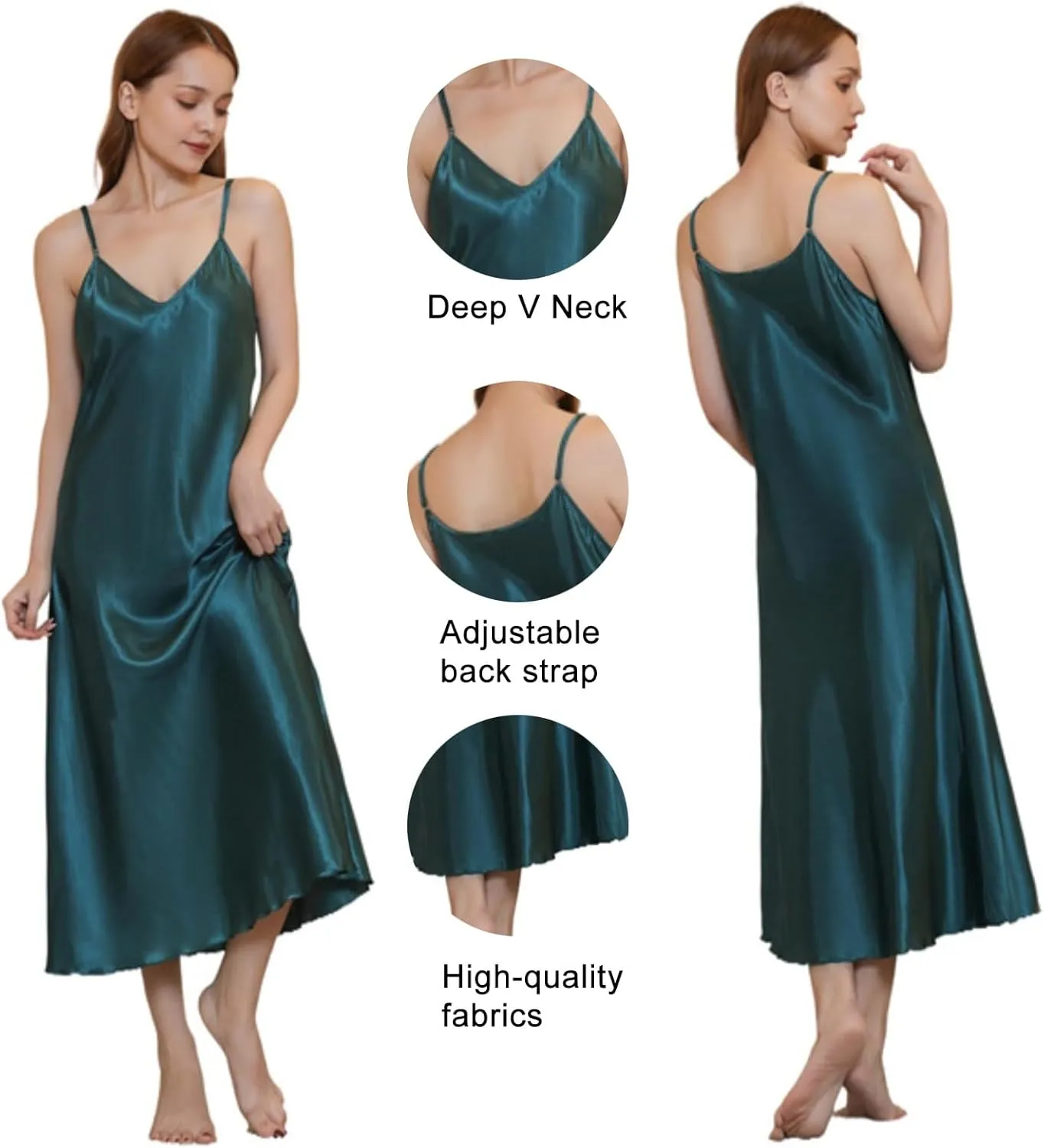 ALCEA ROSEA Women's V Neck Long Satin Slip Dress Adjustable Spaghetti Strap Midi Dress Silky Gown Nightdress Sleepwear AR3830