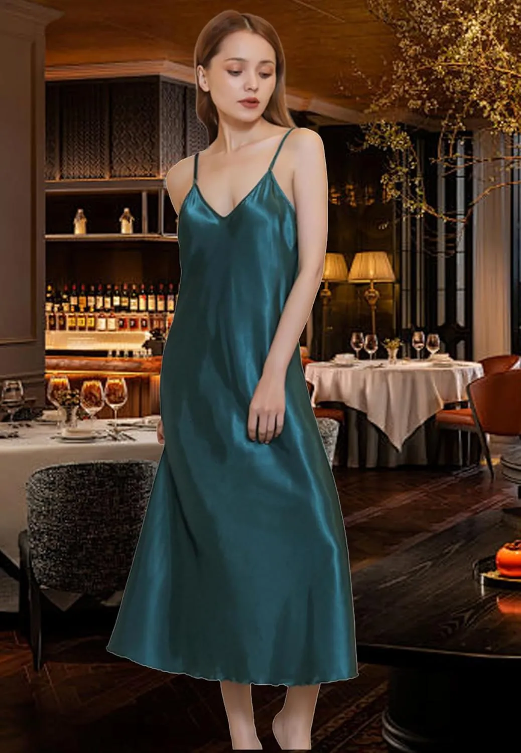 ALCEA ROSEA Women's V Neck Long Satin Slip Dress Adjustable Spaghetti Strap Midi Dress Silky Gown Nightdress Sleepwear AR3830