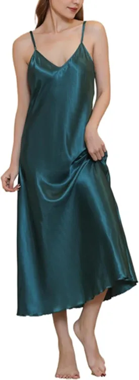 ALCEA ROSEA Women's V Neck Long Satin Slip Dress Adjustable Spaghetti Strap Midi Dress Silky Gown Nightdress Sleepwear AR3830