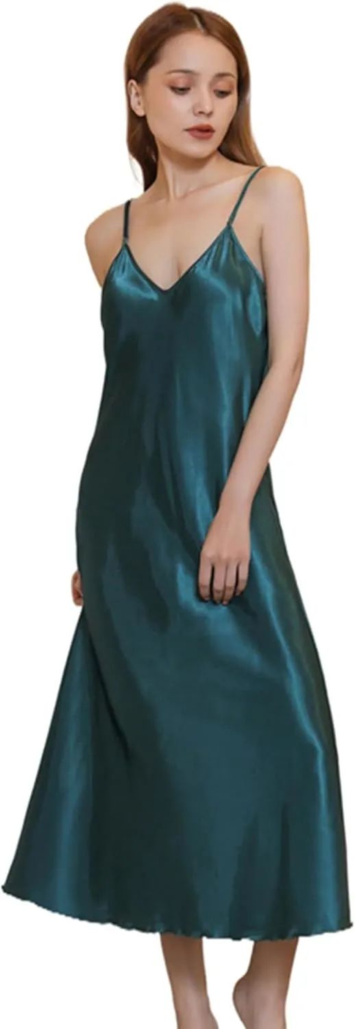 ALCEA ROSEA Women's V Neck Long Satin Slip Dress Adjustable Spaghetti Strap Midi Dress Silky Gown Nightdress Sleepwear AR3830