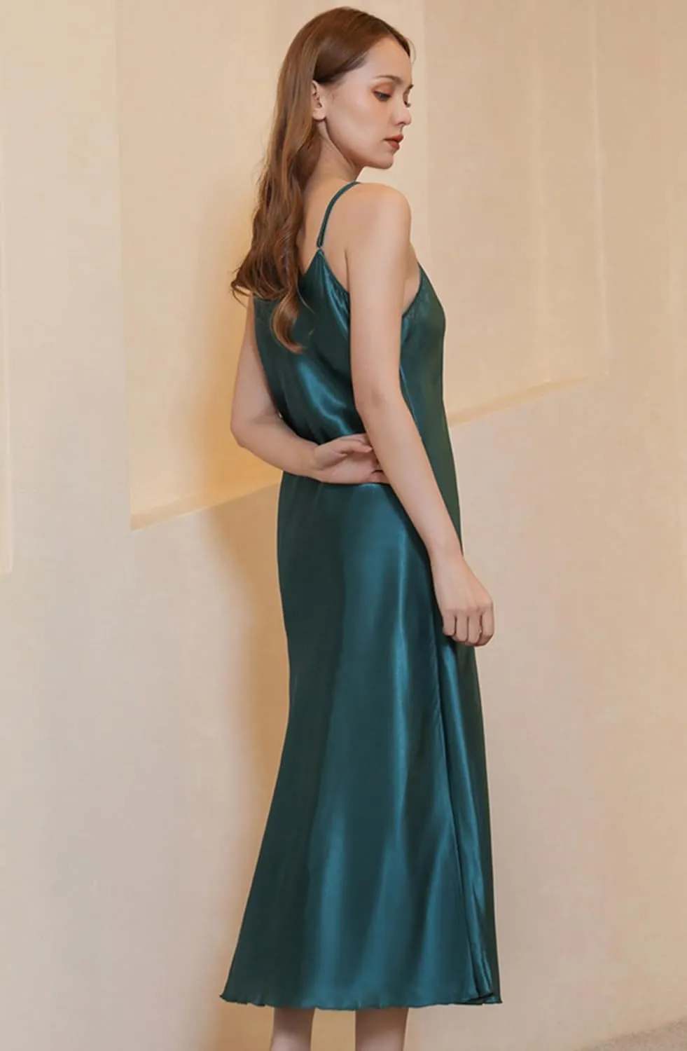 ALCEA ROSEA Women's V Neck Long Satin Slip Dress Adjustable Spaghetti Strap Midi Dress Silky Gown Nightdress Sleepwear AR3830