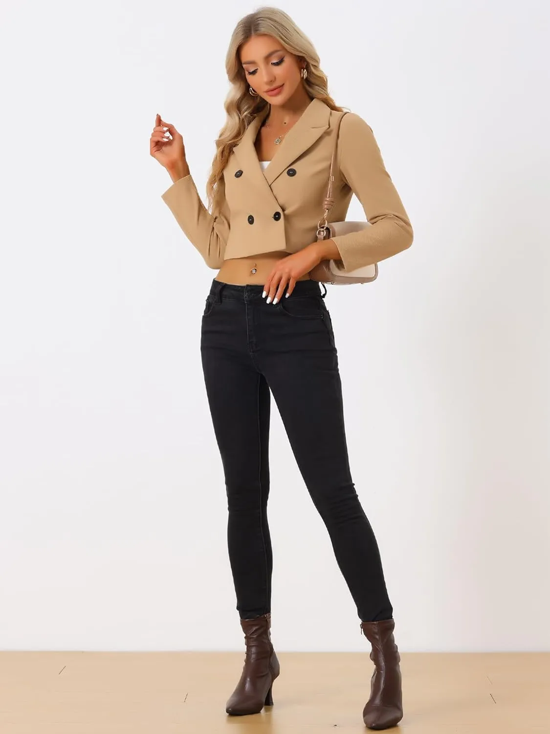 Allegra K Business Casual Cropped Blazer for Women's 2025 Trendy Double Breasted Long Sleeve Short Jacket