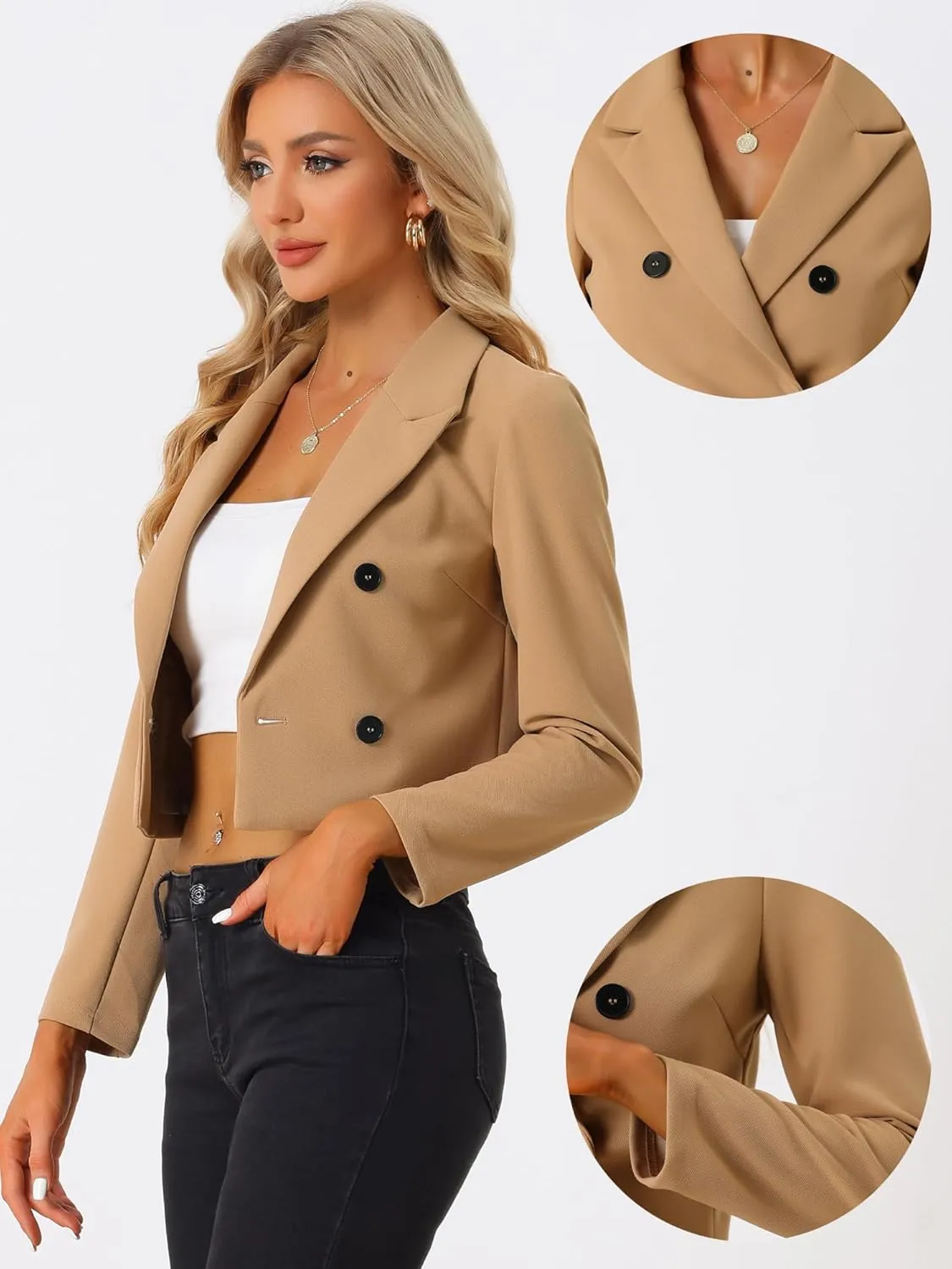 Allegra K Business Casual Cropped Blazer for Women's 2025 Trendy Double Breasted Long Sleeve Short Jacket