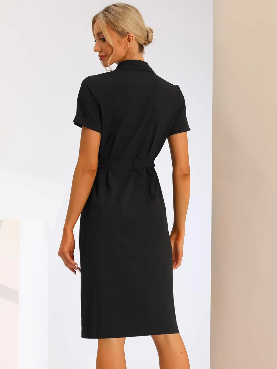Allegra K Women's 2023 Summer Short Sleeve Notched Lapel Slit Double Breasted Belted Work Office Blazer Dress