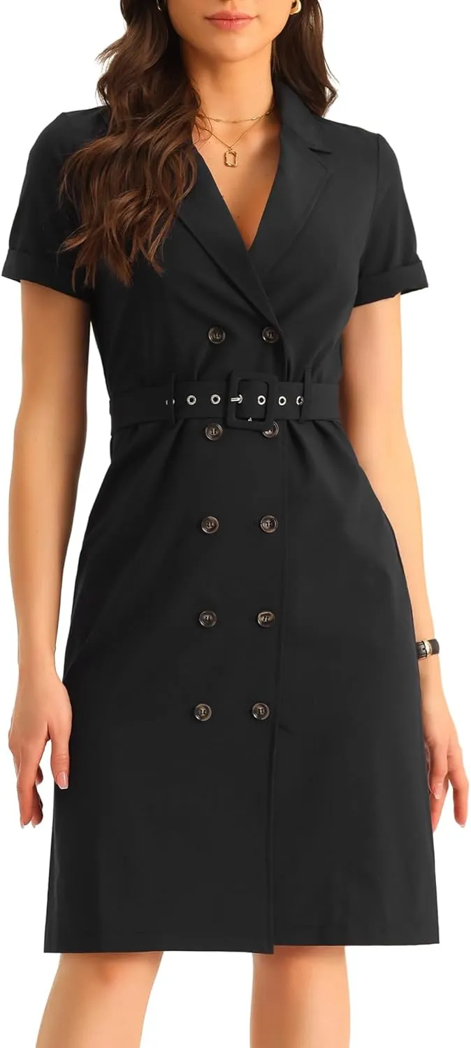 Allegra K Women's 2023 Summer Short Sleeve Notched Lapel Slit Double Breasted Belted Work Office Blazer Dress