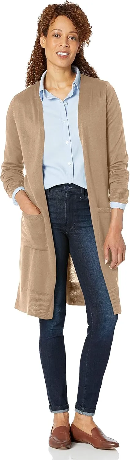 Amazon Essentials Women's Lightweight Longer Length Open-Front Long-Sleeve Cardigan Sweater (Available in Plus Size)