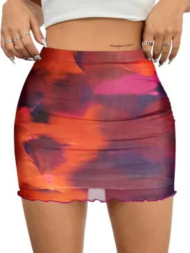Avanova Women Mesh Bodycon Mini Skirt High Waist Ruched Summer Short Skirt