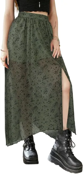 Avanova Women Sun Print Mesh Side Slits Split Midi Skirt Asymmetrical High Waisted Long Skirt