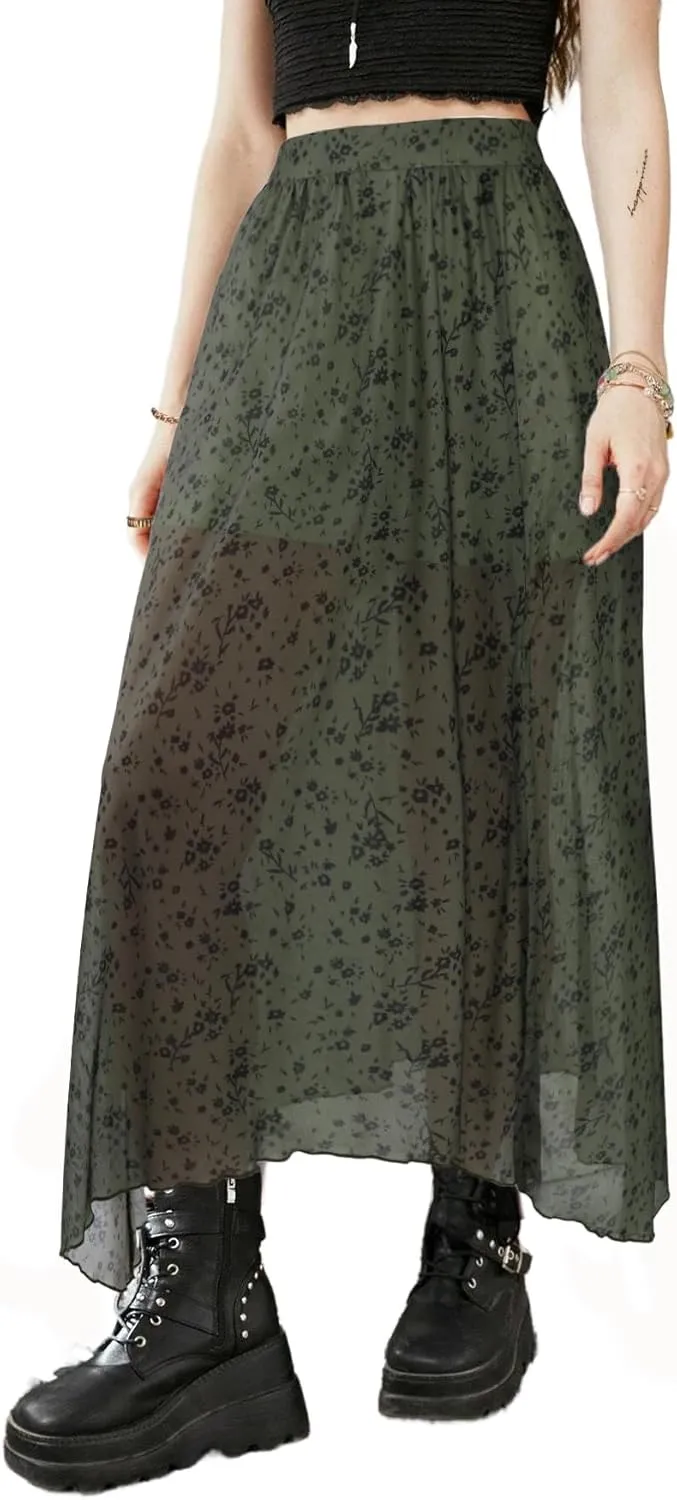 Avanova Women Sun Print Mesh Side Slits Split Midi Skirt Asymmetrical High Waisted Long Skirt