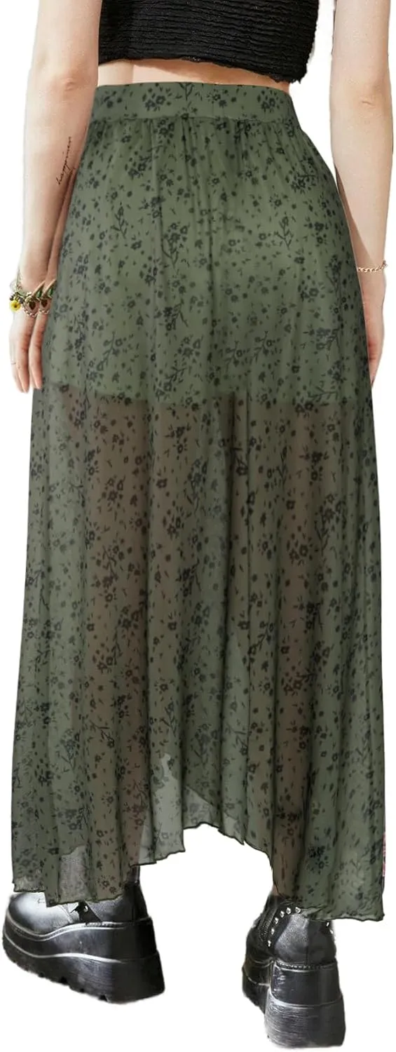 Avanova Women Sun Print Mesh Side Slits Split Midi Skirt Asymmetrical High Waisted Long Skirt