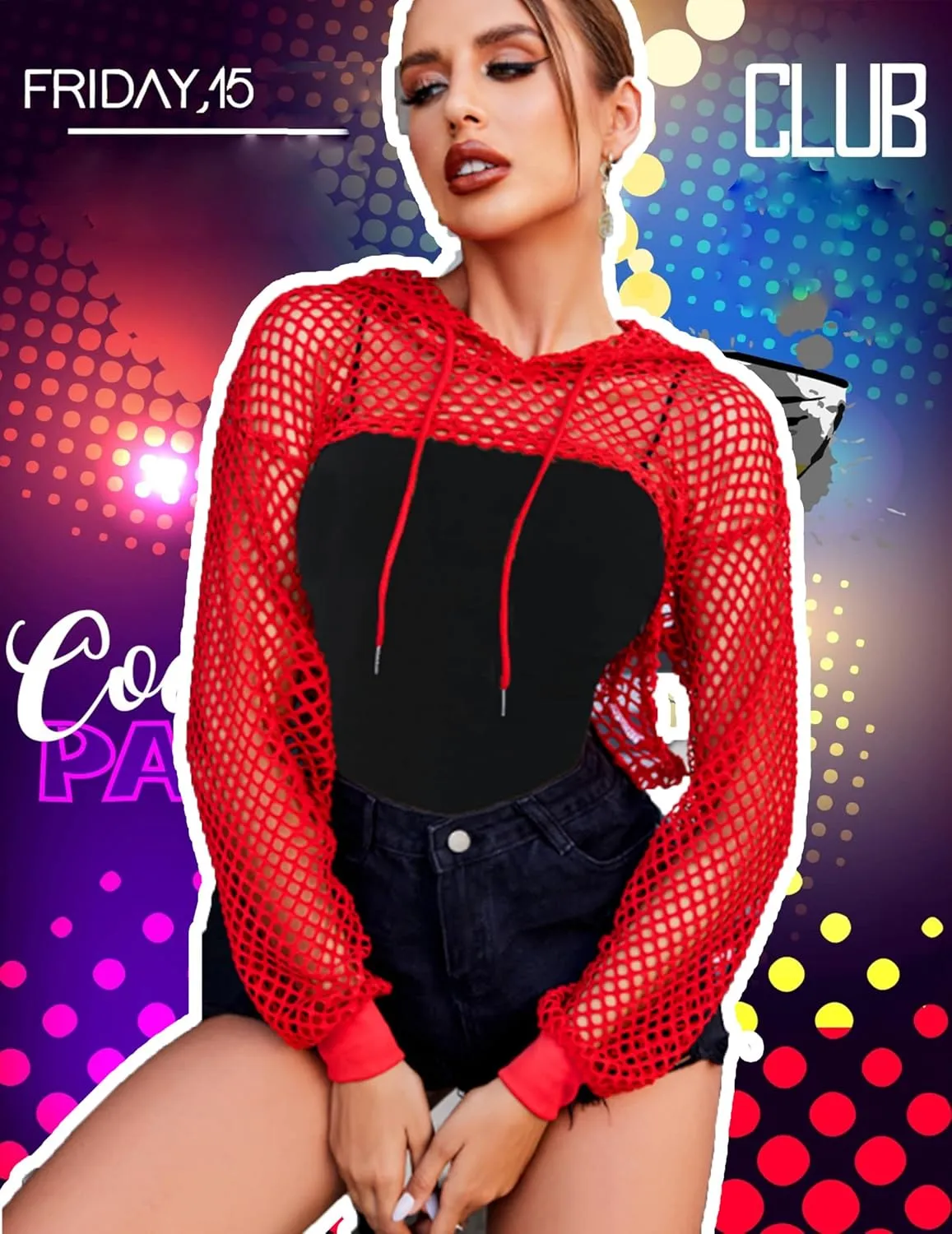 Avidlove Mesh Crop Top Hoodie Rave Tops For Women Long Sleeve Fishnet Shirt for Festival Club Party