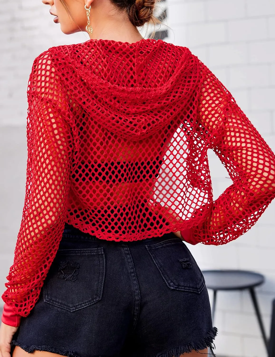 Avidlove Mesh Crop Top Hoodie Rave Tops For Women Long Sleeve Fishnet Shirt for Festival Club Party