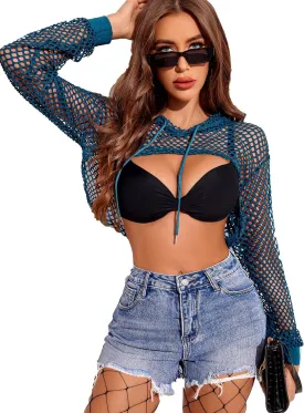 Avidlove Mesh Crop Top Hoodie Rave Tops For Women Long Sleeve Fishnet Shirt for Festival Club Party