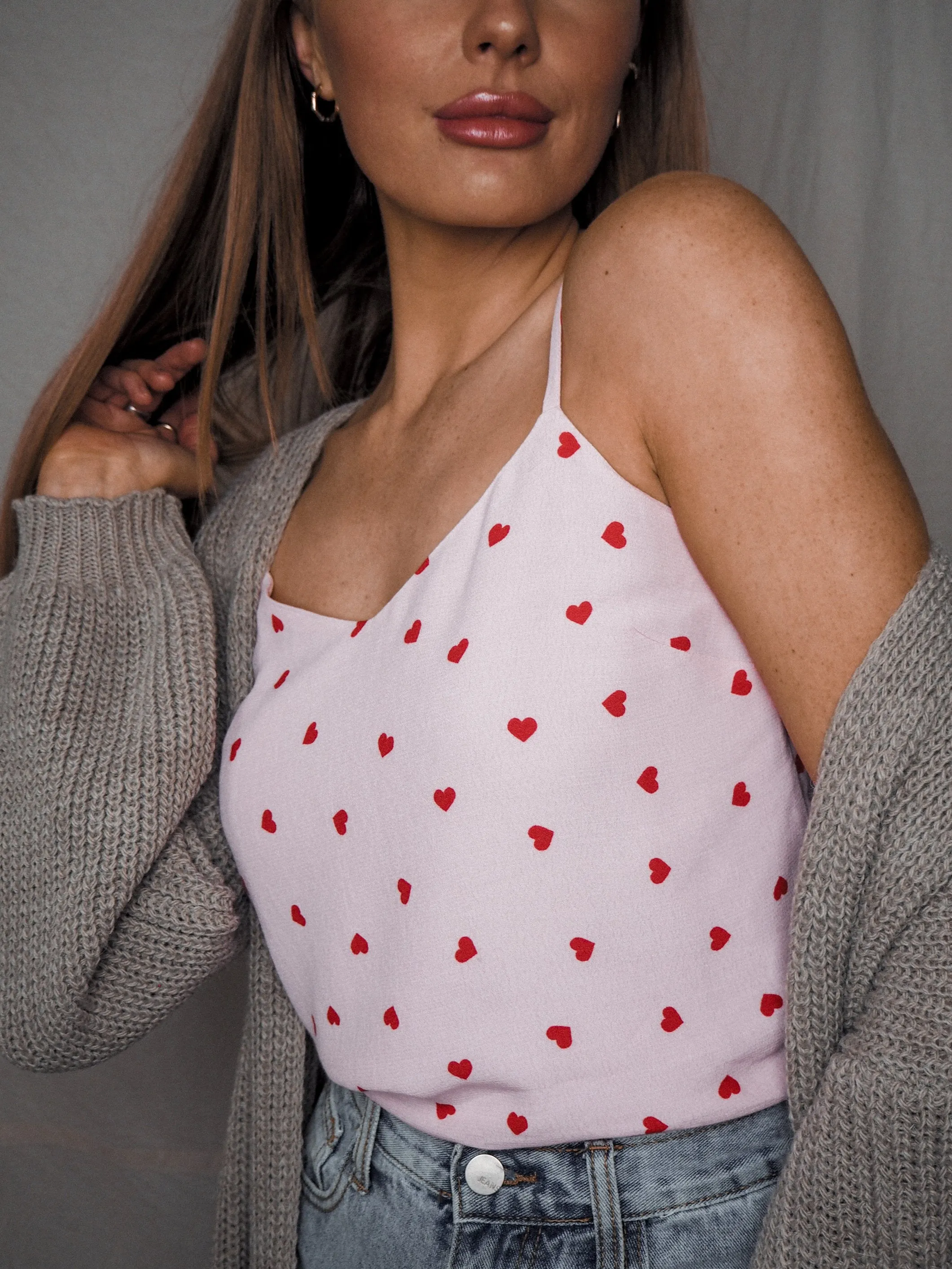 Beau Cami Top / Pink And Red Heart Print