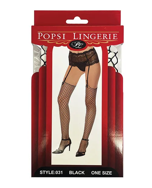 Black Unfinished Diamond Net Thigh High Stockings O/S