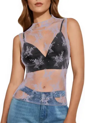 Buauty Mesh Long Sleeve Top for Women, Lace Sheer Tops See Through Mock Neck Floral Embroidery Sheer Blouce Fishnet Shirt