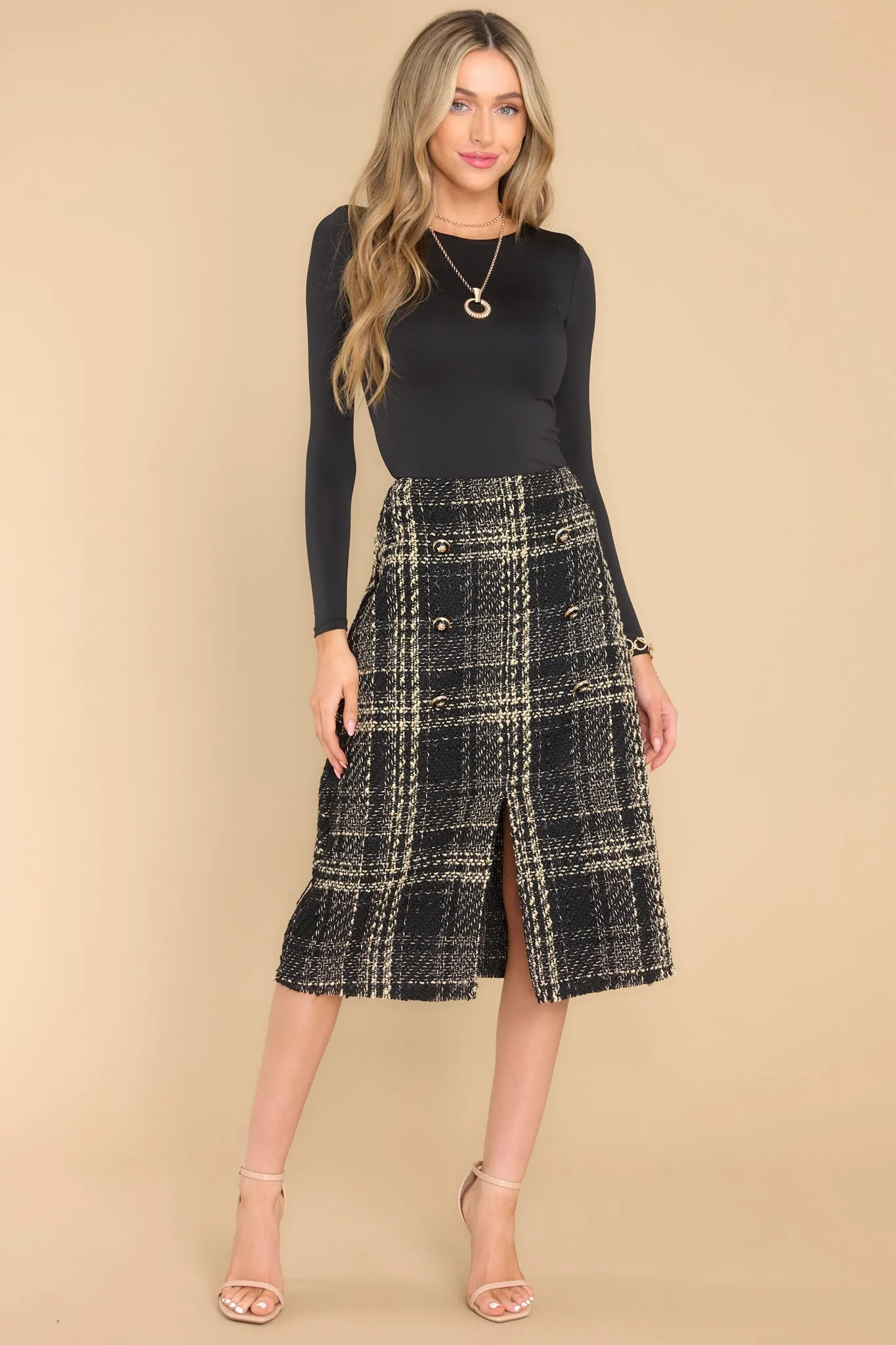 Cold Shoulder Black Tweed Midi Skirt