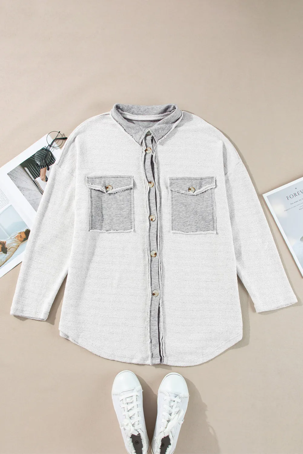 Contrast Flap Pockets Relaxed Shacket