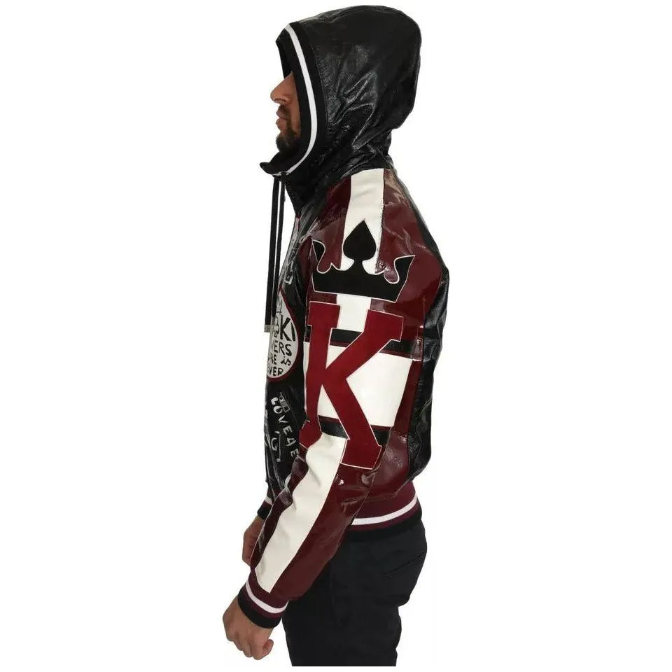 Dolce & Gabbana Black Bordeaux Hooded Leather DG King of Love Jacket
