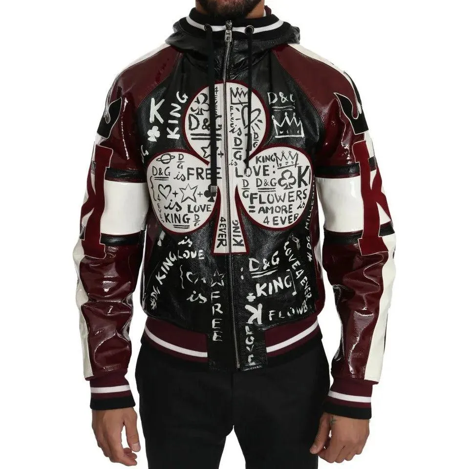 Dolce & Gabbana Black Bordeaux Hooded Leather DG King of Love Jacket