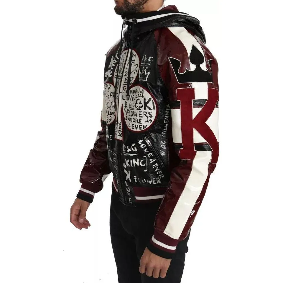 Dolce & Gabbana Black Bordeaux Hooded Leather DG King of Love Jacket