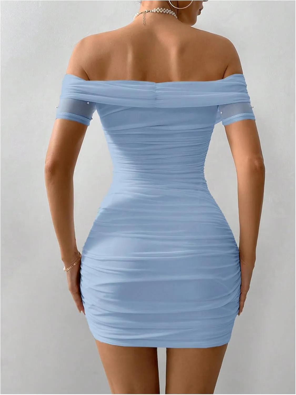 Floerns Women's Pearl Beaded Off Shoulder Short Dress Short Sleeve Bodycon Party Dresses
