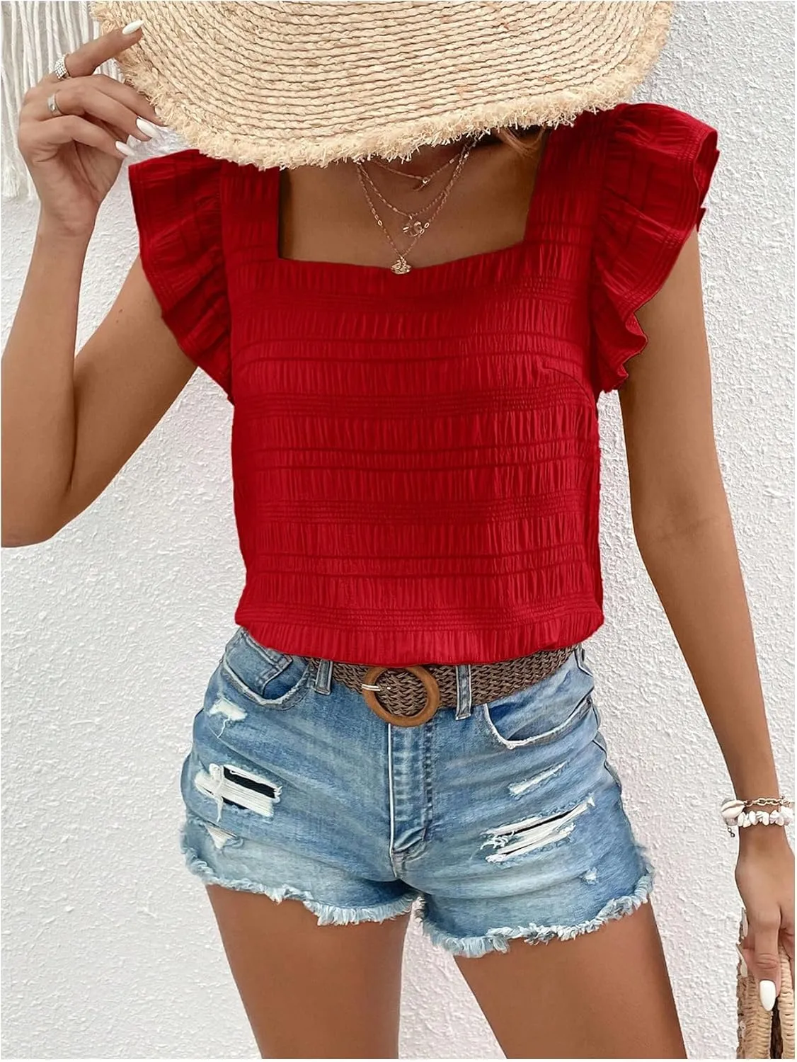 Floerns Women's Ruffle Cap Sleeve Square Neck Textured Summer Blouse Tops