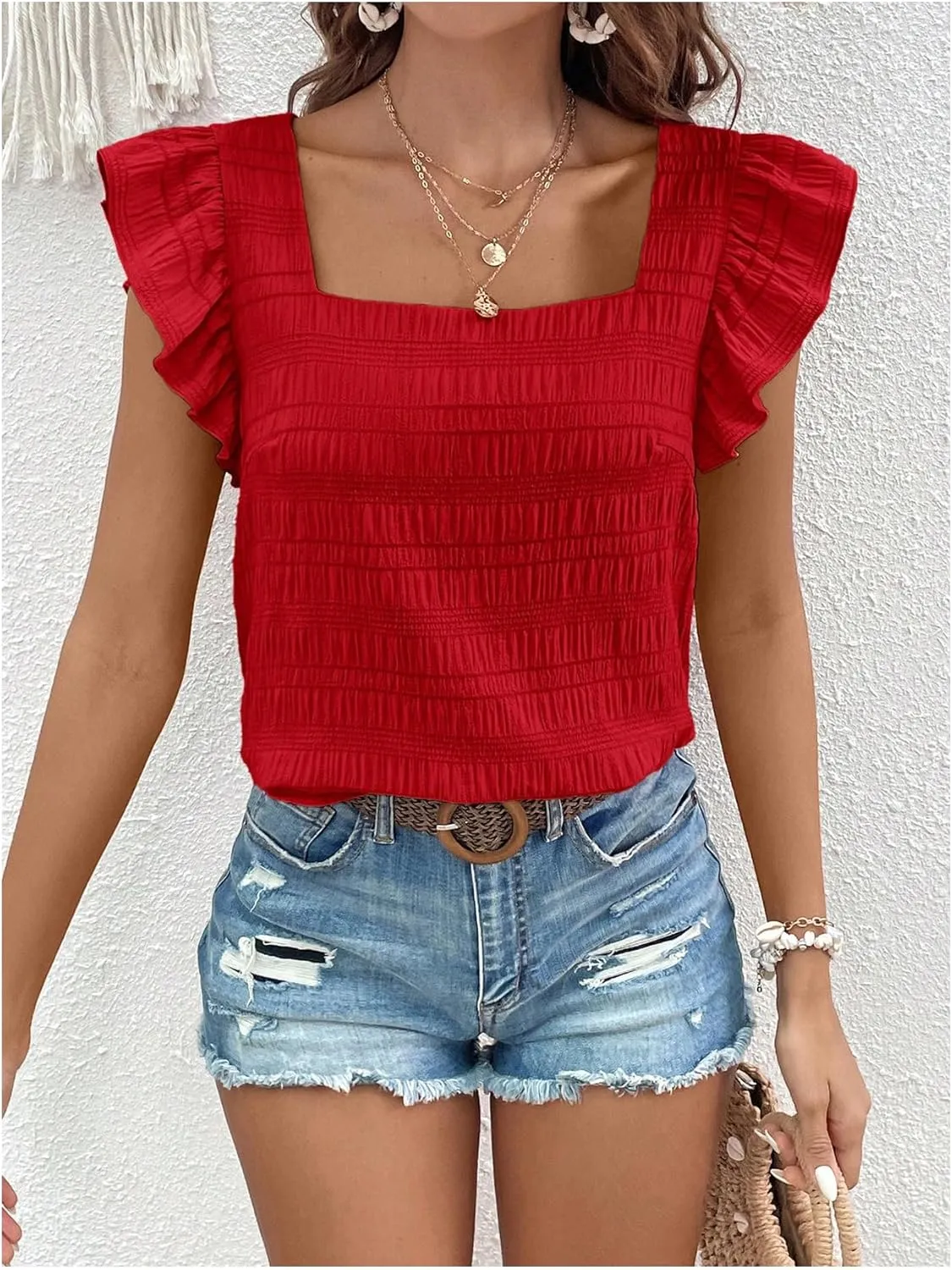 Floerns Women's Ruffle Cap Sleeve Square Neck Textured Summer Blouse Tops