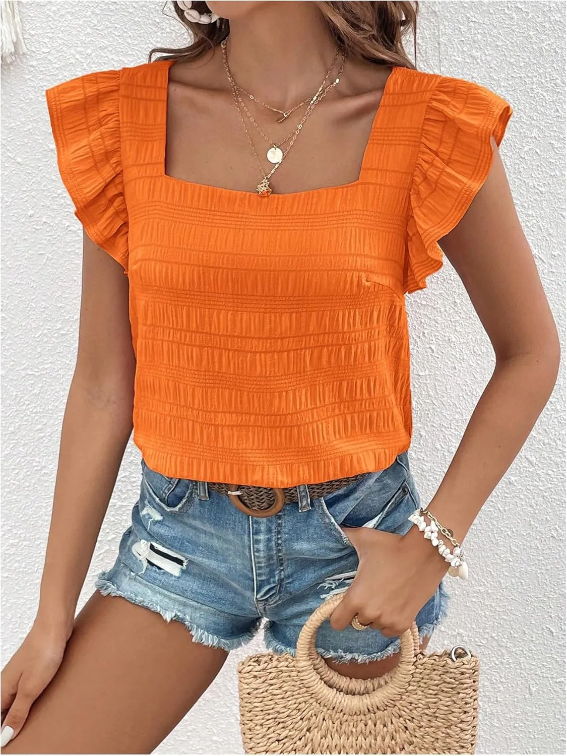 Floerns Women's Ruffle Cap Sleeve Square Neck Textured Summer Blouse Tops