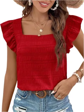 Floerns Women's Ruffle Cap Sleeve Square Neck Textured Summer Blouse Tops