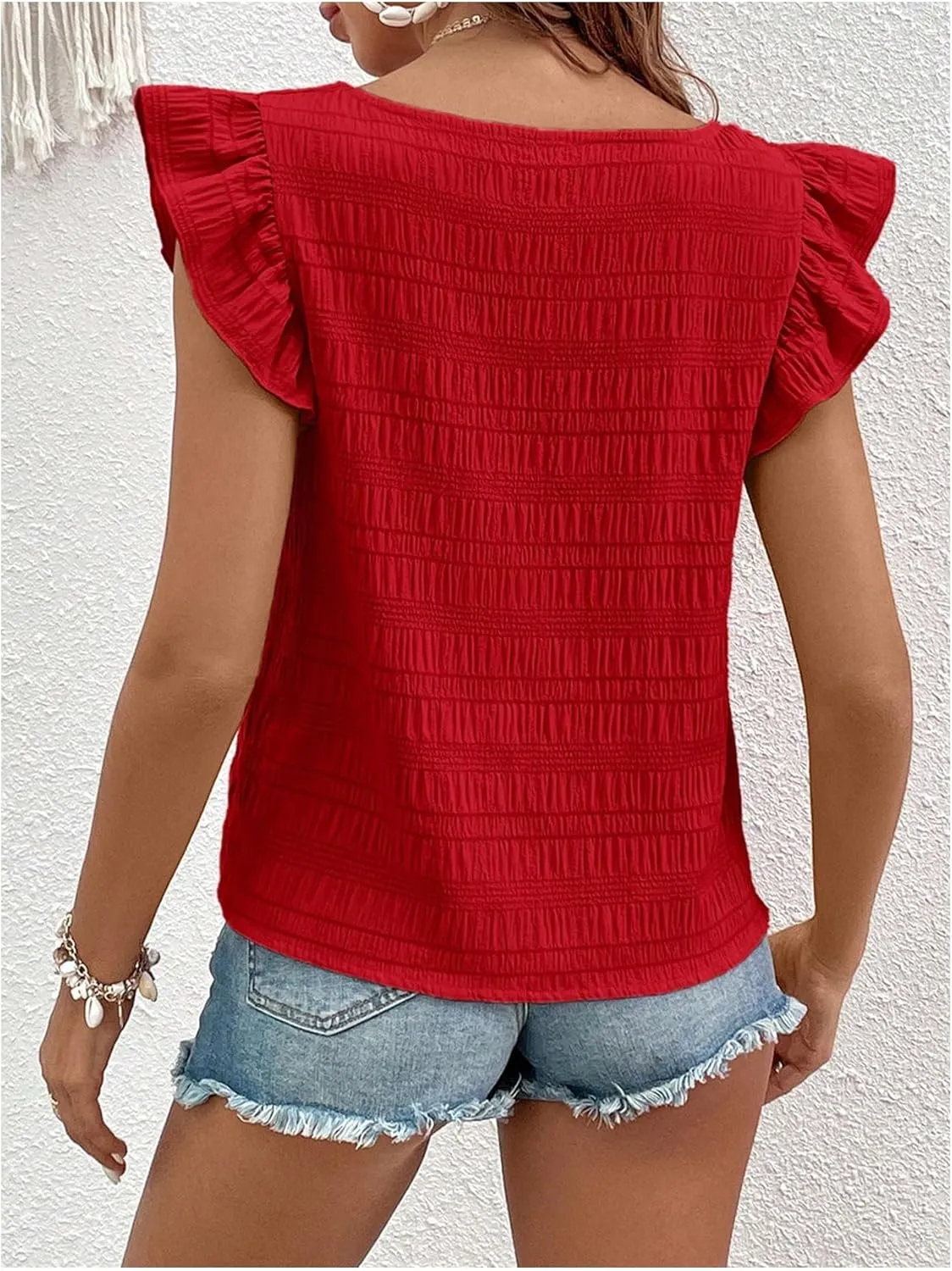 Floerns Women's Ruffle Cap Sleeve Square Neck Textured Summer Blouse Tops