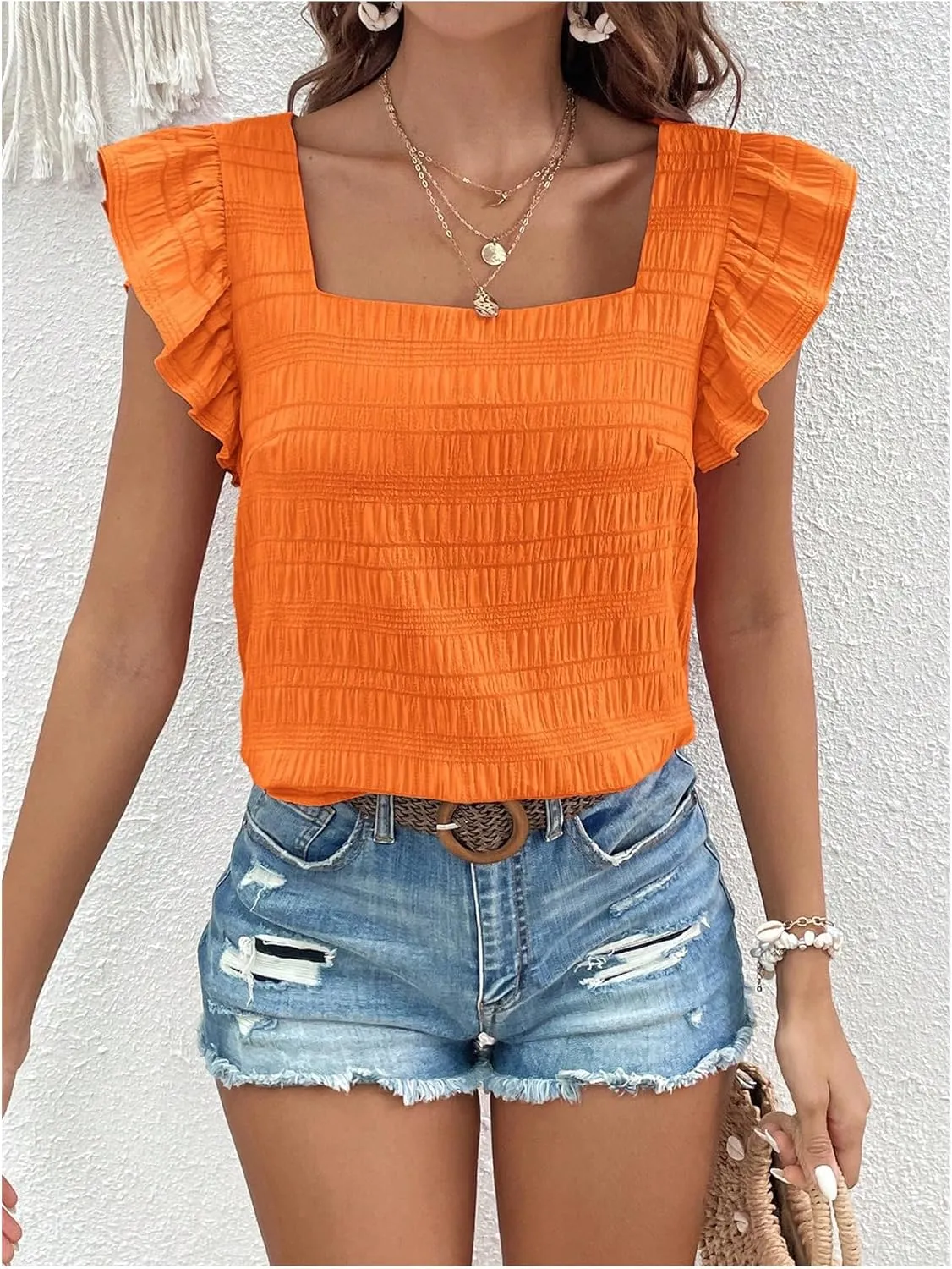Floerns Women's Ruffle Cap Sleeve Square Neck Textured Summer Blouse Tops