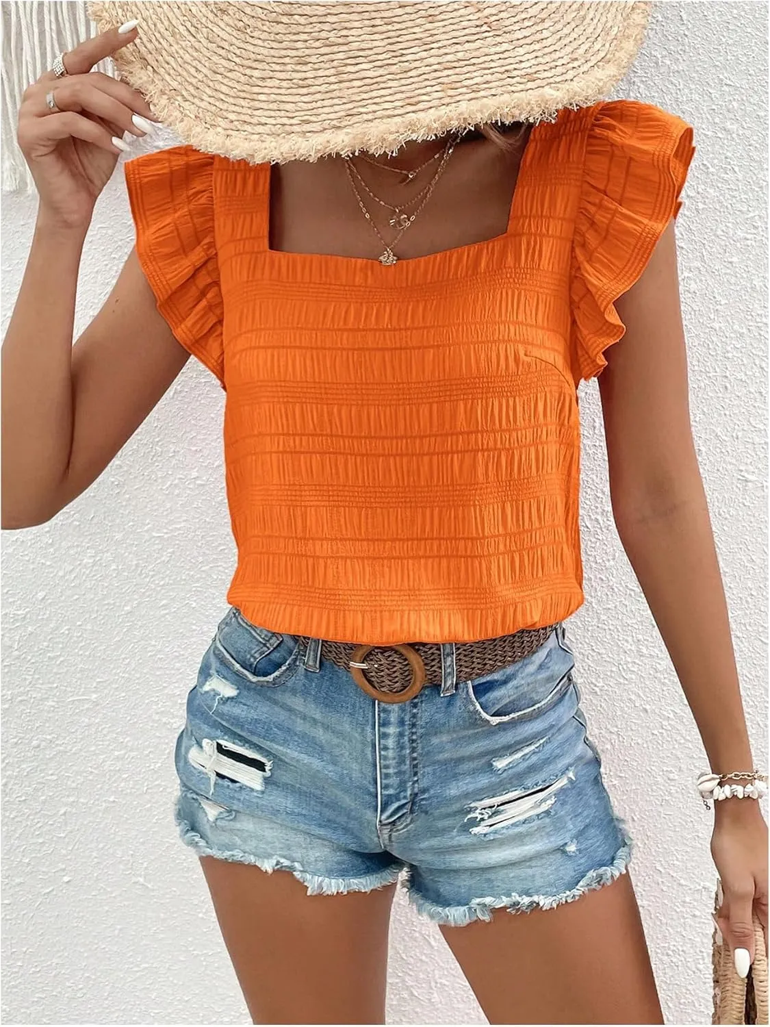 Floerns Women's Ruffle Cap Sleeve Square Neck Textured Summer Blouse Tops