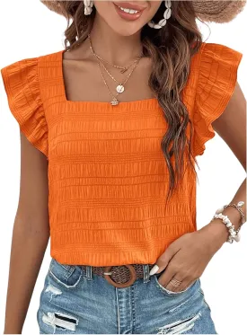Floerns Women's Ruffle Cap Sleeve Square Neck Textured Summer Blouse Tops