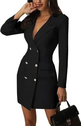 futurino Women Blazer Set Solid Color Long Sleeve Notch Lapel Double Breasted Button Blazer Dress with Pockets