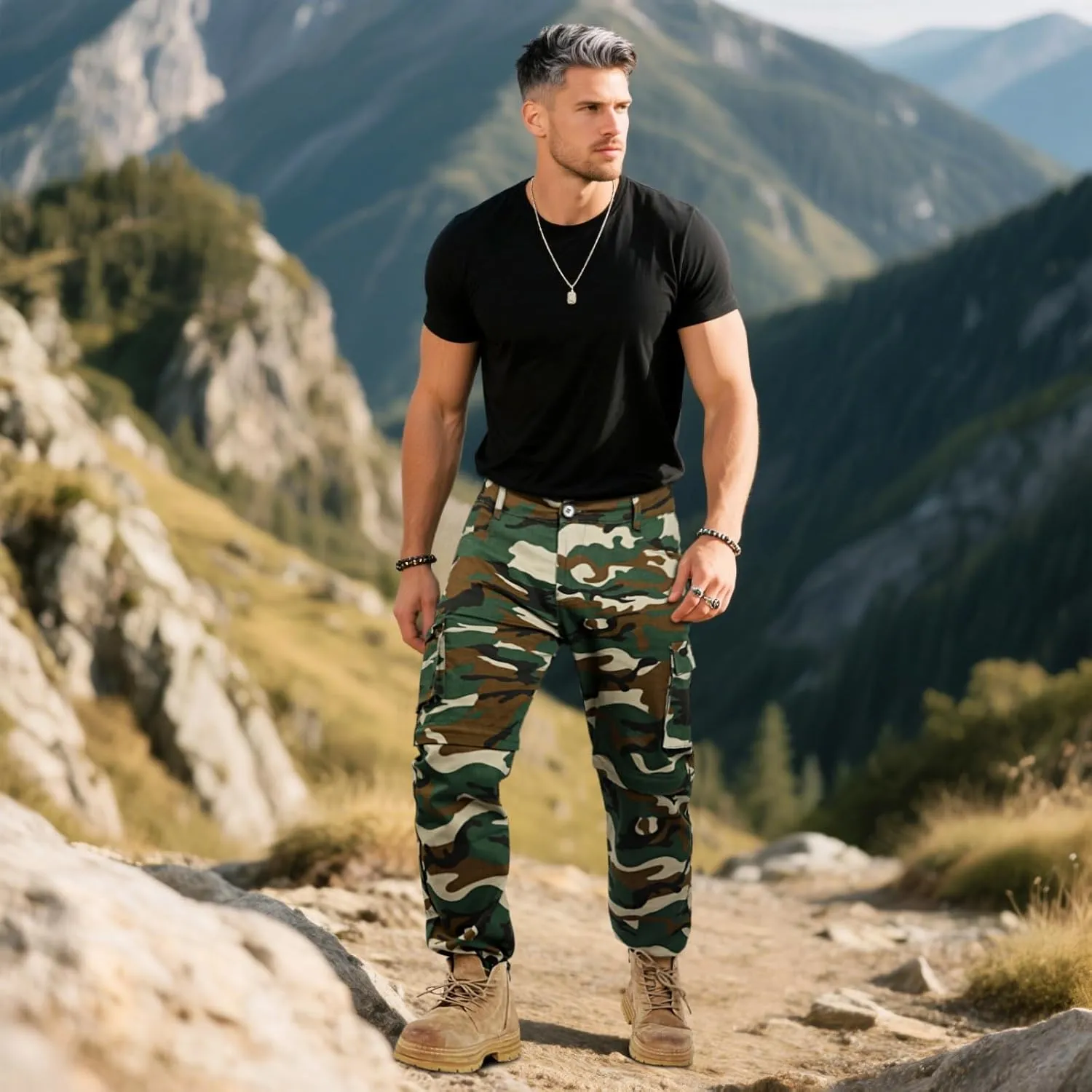 GINGTTO Mens Camo Cargo Pants Slim Hiking Pants for Men Convertible Joggers Zip Off Legs Waterproof