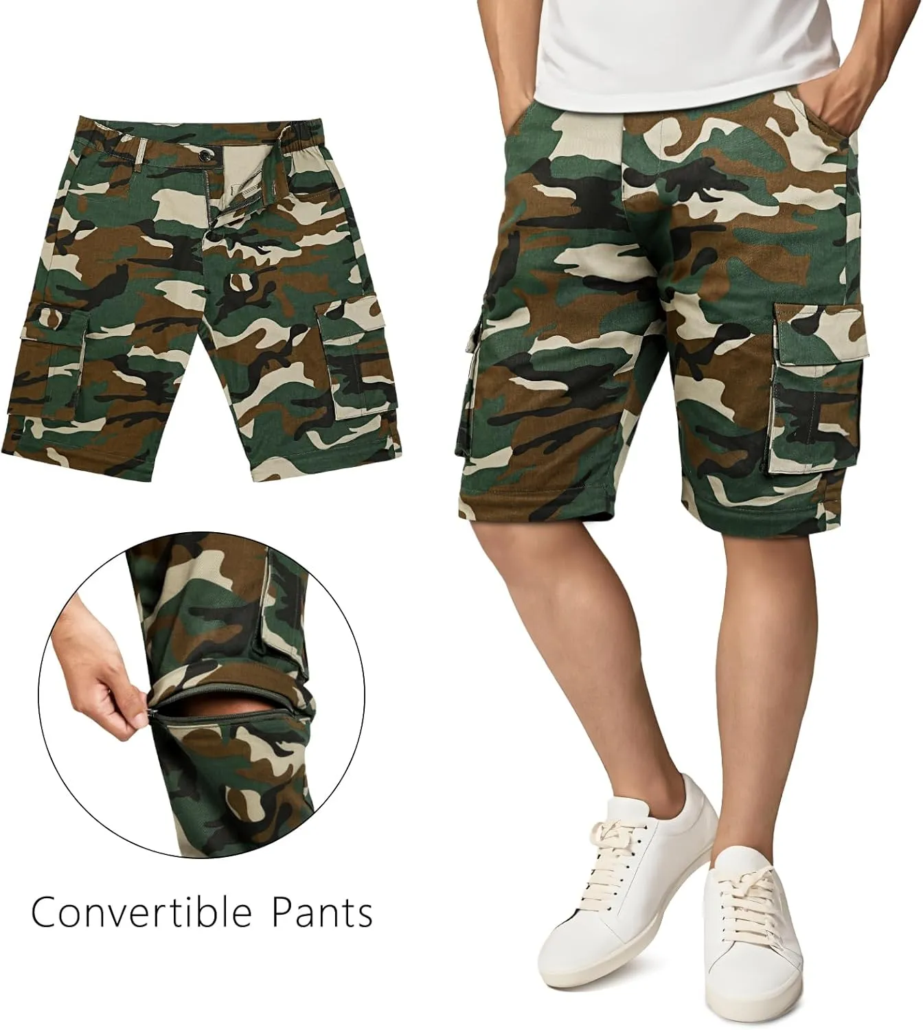 GINGTTO Mens Camo Cargo Pants Slim Hiking Pants for Men Convertible Joggers Zip Off Legs Waterproof