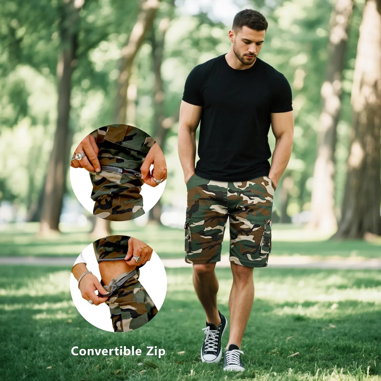 GINGTTO Mens Camo Cargo Pants Slim Hiking Pants for Men Convertible Joggers Zip Off Legs Waterproof