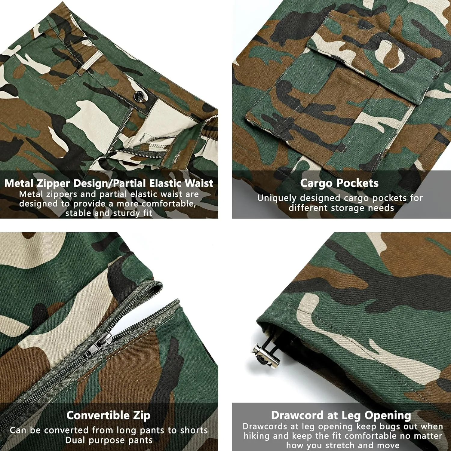 GINGTTO Mens Camo Cargo Pants Slim Hiking Pants for Men Convertible Joggers Zip Off Legs Waterproof