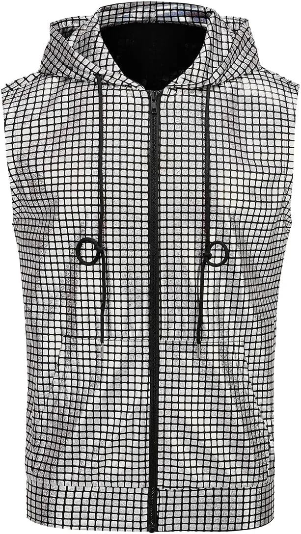 GRAJTCIN Metallic Sleeveless Hooded Vest for Men Zip Up Disco Vest Metallic Shirts