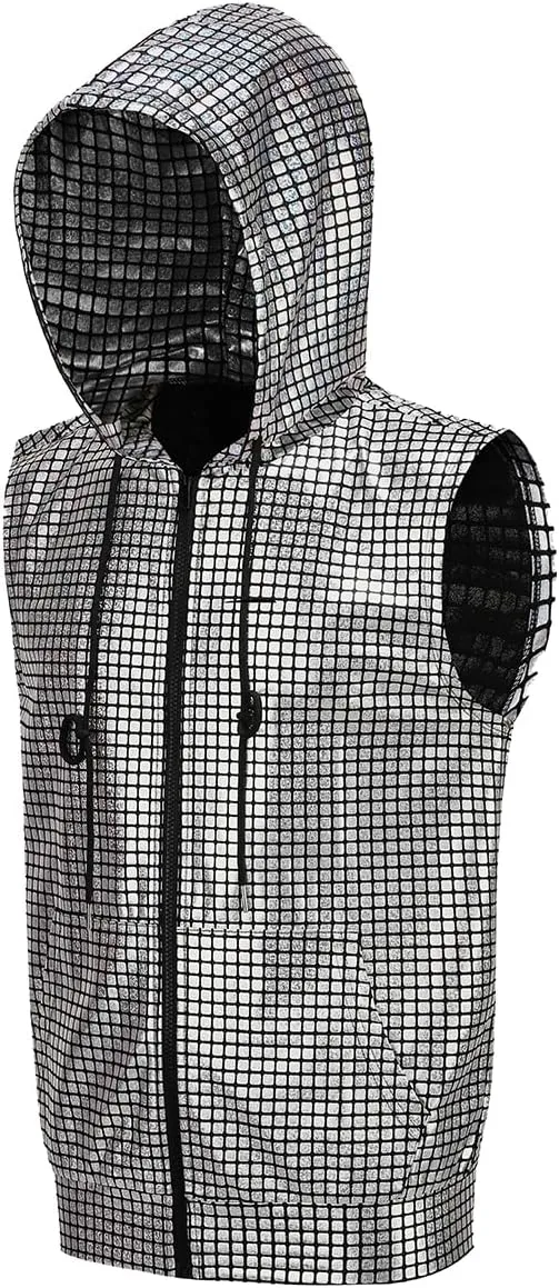 GRAJTCIN Metallic Sleeveless Hooded Vest for Men Zip Up Disco Vest Metallic Shirts