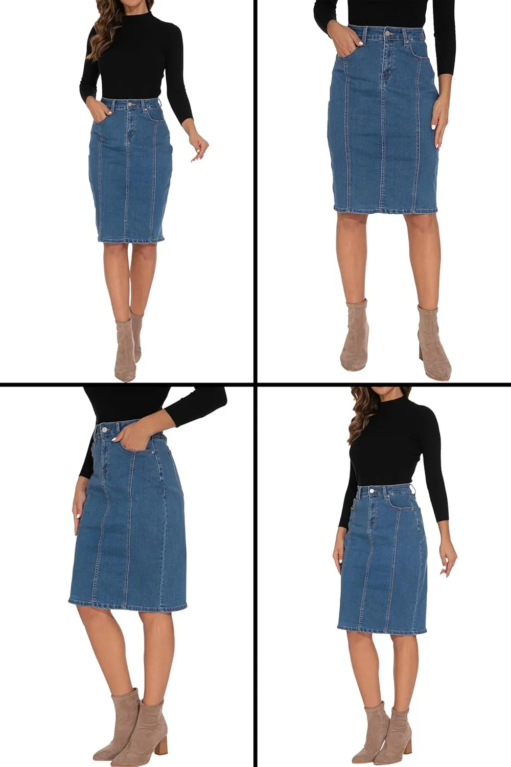 GUANYY Womens Denim Skirt-High Waisted Knee Length Slim Fit Pencil Stretch Jean Skirt