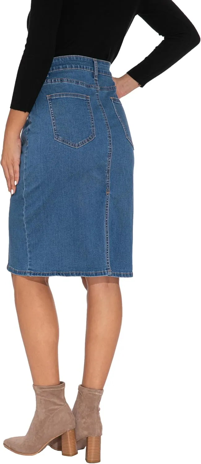 GUANYY Womens Denim Skirt-High Waisted Knee Length Slim Fit Pencil Stretch Jean Skirt