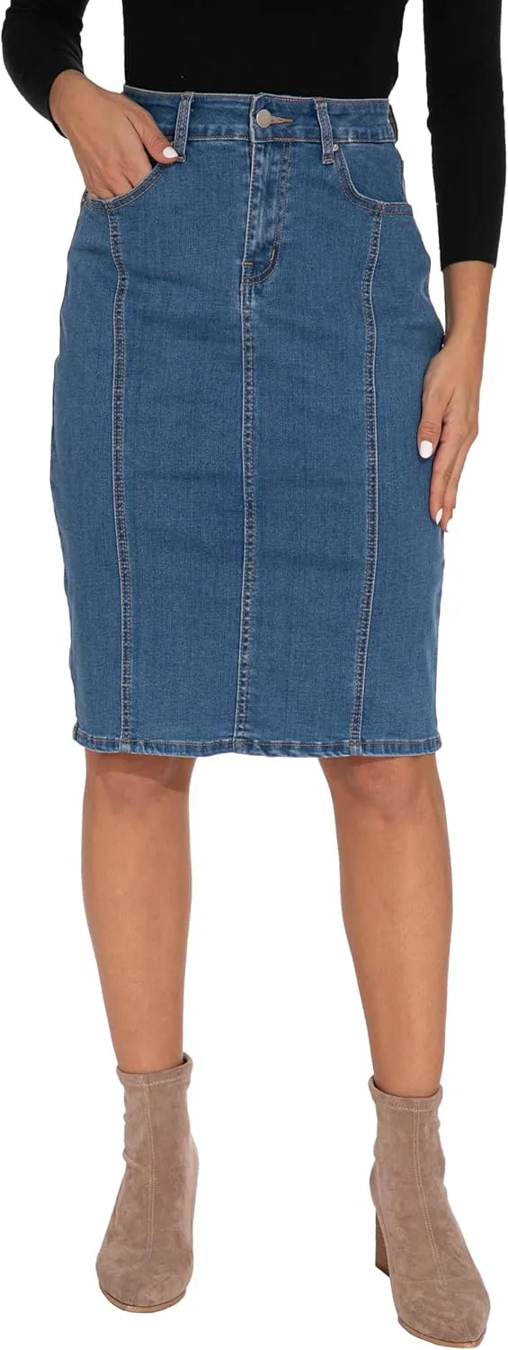 GUANYY Womens Denim Skirt-High Waisted Knee Length Slim Fit Pencil Stretch Jean Skirt