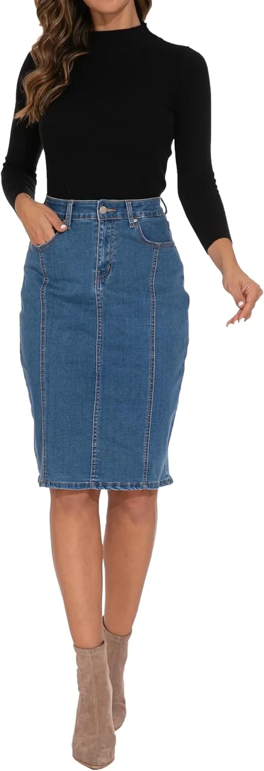 GUANYY Womens Denim Skirt-High Waisted Knee Length Slim Fit Pencil Stretch Jean Skirt