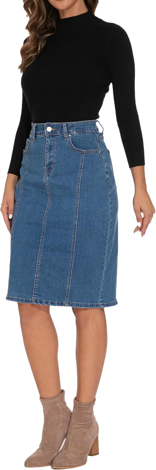 GUANYY Womens Denim Skirt-High Waisted Knee Length Slim Fit Pencil Stretch Jean Skirt