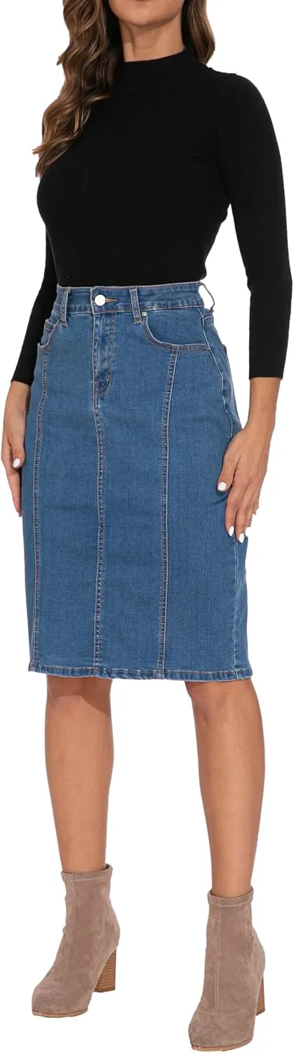 GUANYY Womens Denim Skirt-High Waisted Knee Length Slim Fit Pencil Stretch Jean Skirt