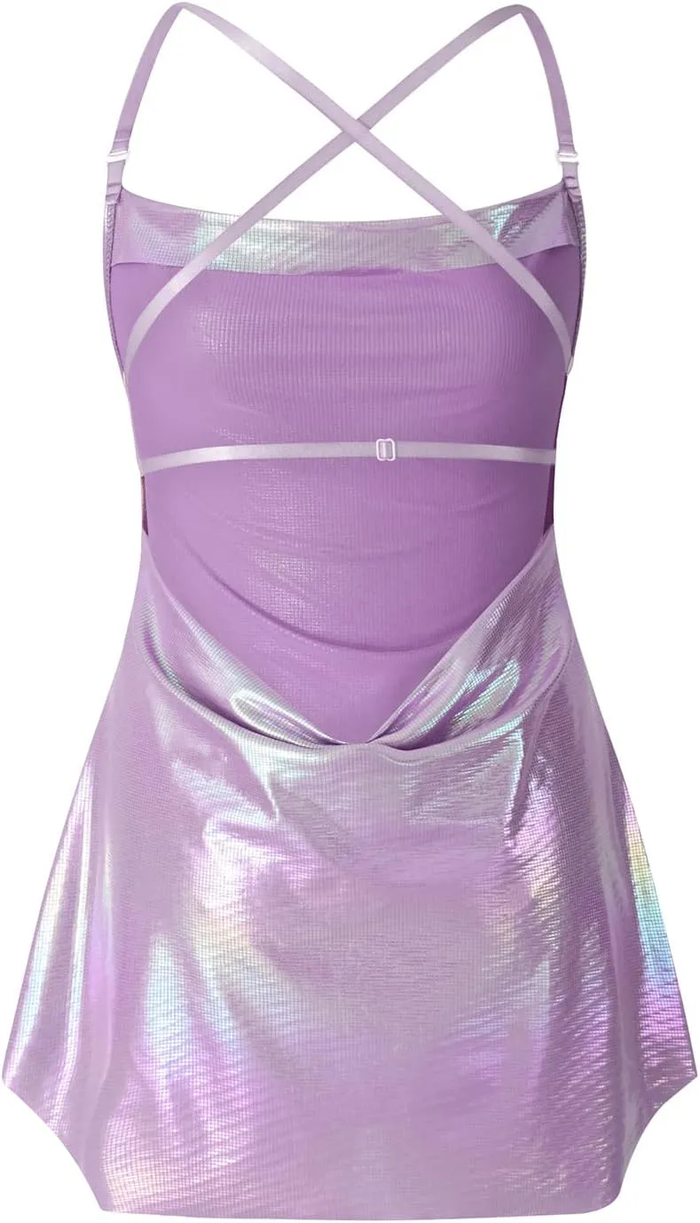 HengShunRui Women Shiny Backless Slip Dress Spaghetti Strap Party Dresses