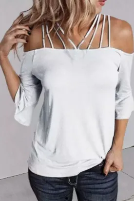 Hollow Out Spaghetti 
Strap Flare Sleeve Blouse White