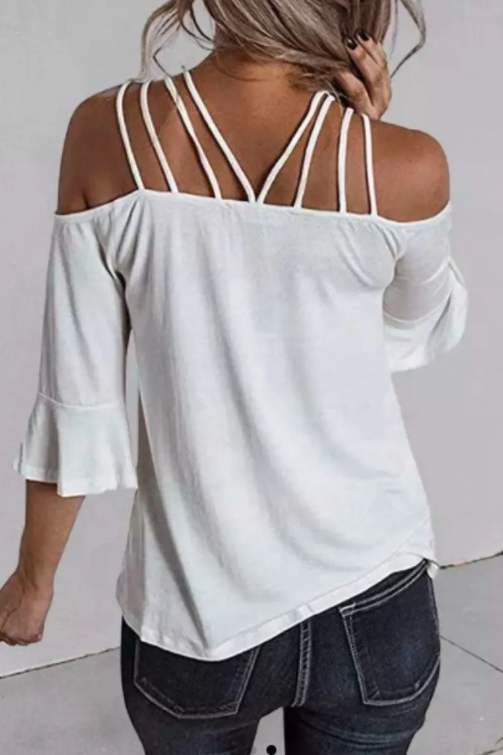 Hollow Out Spaghetti 
Strap Flare Sleeve Blouse White